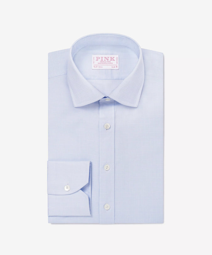 Pale Blue & White Slim Fit Small POW Check Formal Shirt