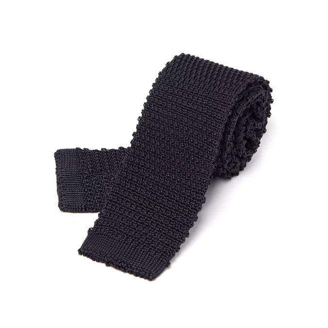 Grey Plain Knitted Silk Tie Square Tip