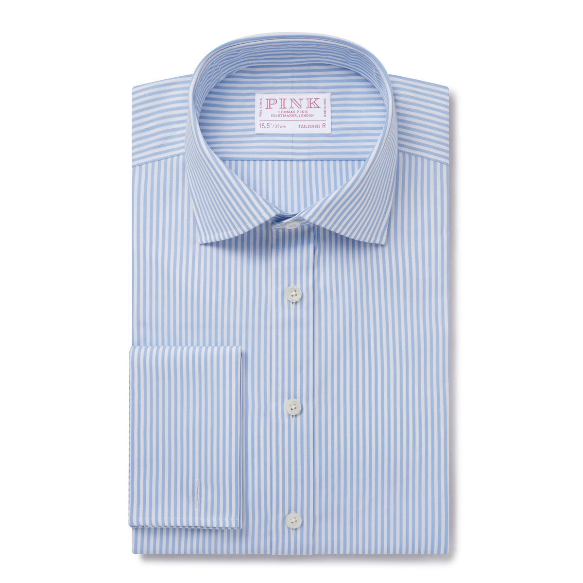 Pale Blue & White Tailored Fit Double Cuff Essential Bengal Stripe Formal Shirt