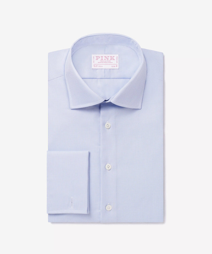 Blue & White Slim Fit Formal Double Cuff Micro Puppytooth Shirt