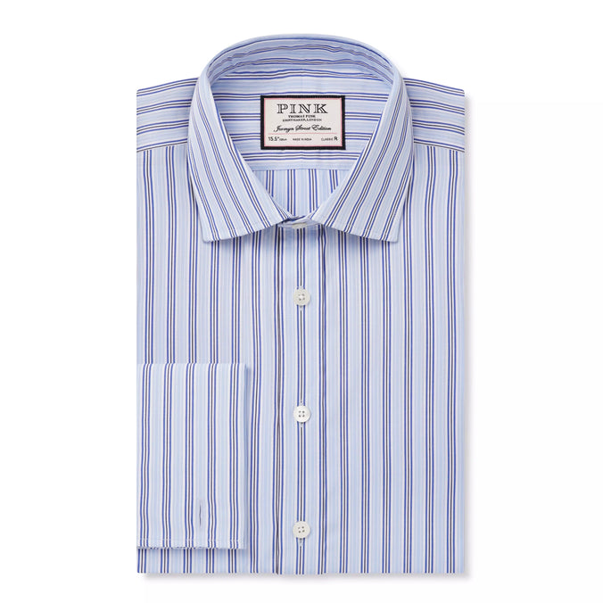 Pale Blue & White Classic Fit Formal Double Cuff Berkeley Stripe Shirt